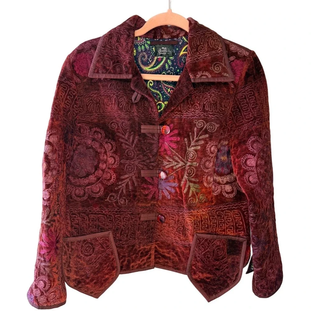 Desira Samorani Boho Embroidered Velvet Jacket Paisley Lined Size M Whimsigoth‎